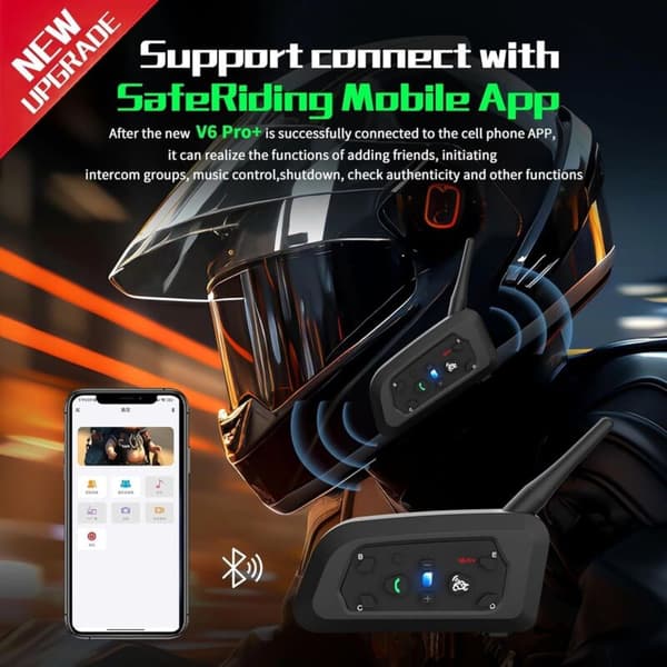V6 Pro Motorcykelintercom, Bluetooth Motorcykelhjälm Intercom Kan Ansluta 6 Förare för Ridning, Skidåkning och Bergsklättring. (1-pack)