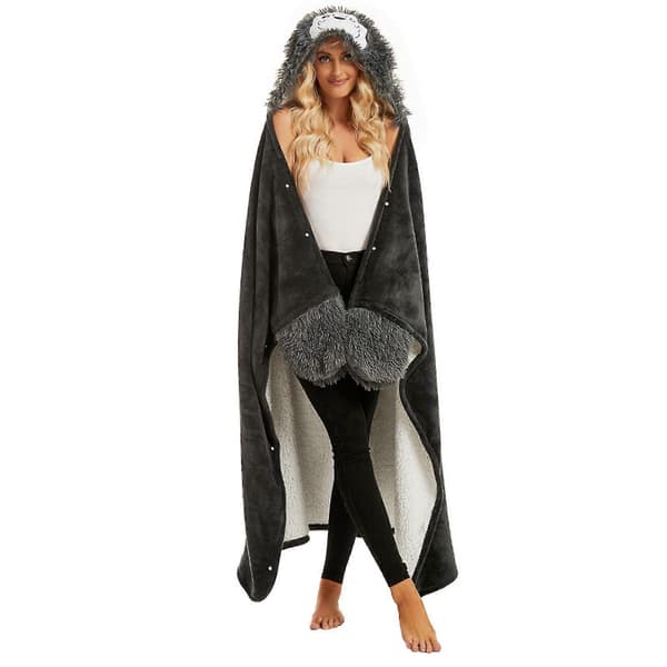 Bærbar Hætteplaid til Voksne - Fluffy Superblød Shaggy Varm Plaid Kappe Gray