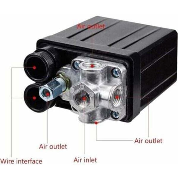 Trykkbryter for 240V luftkompressor - 4 uttak 90-120 PSI - Trykkbryter med kontrollventil - Reservedeler for kompressorer