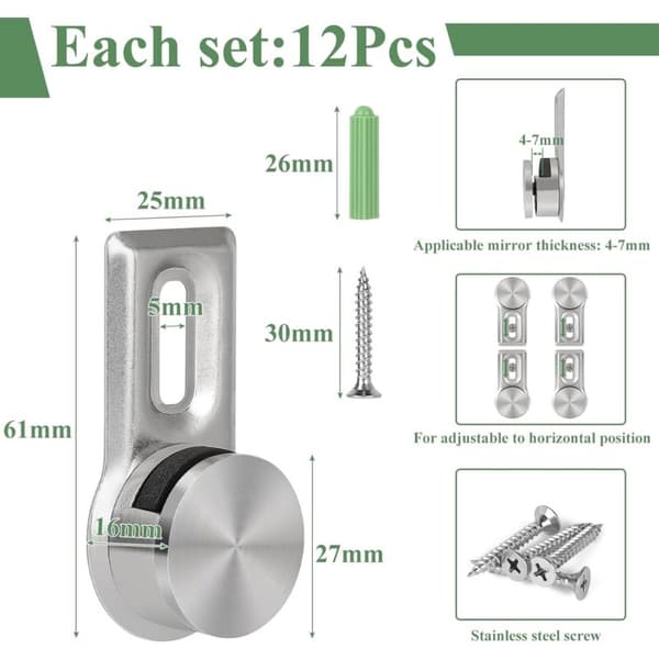 12 x Veggspeil Monteringsbraketter for 4-7 mm Tykke Paneler