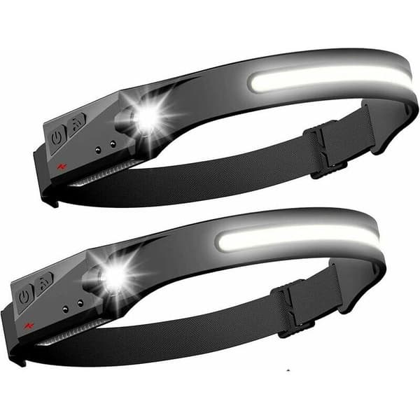 2-pakning LED-hodelykt med sensor, kraftig COB XPE-hodelykt, 5 moduser, USB oppladbar, vanntett løpelys, ideell for camping, lesing,