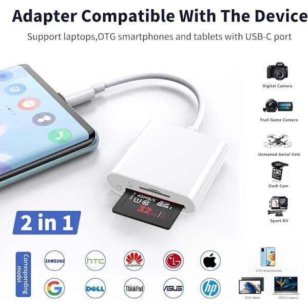 USB3.0 + USB C til SD-kortlæser iPhone Sort - SD-kortlæser 2-in-1 USB C Card Reader