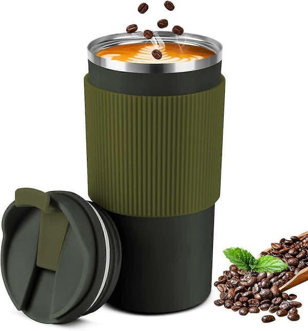 Isolerad kaffemugg (Grön), 450ml rostfri stål resemugg med lock, Cafe isolerad mugg för kaffe, te och öl