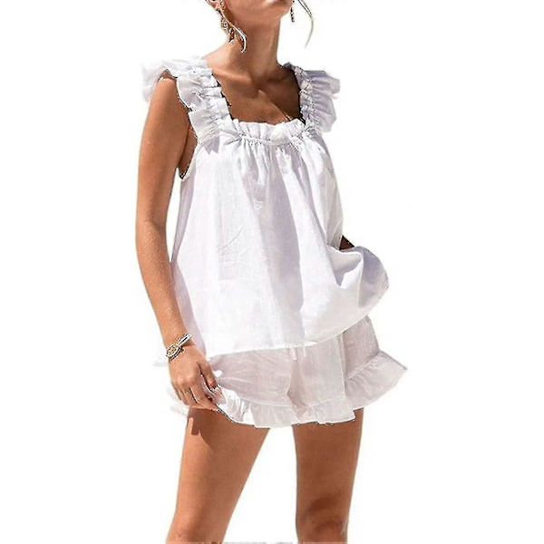 Dames 2-delt sæt sommer mode flæsekant cami og afslappede shorts sæt bomulds pyjamassæt Dd. Medium