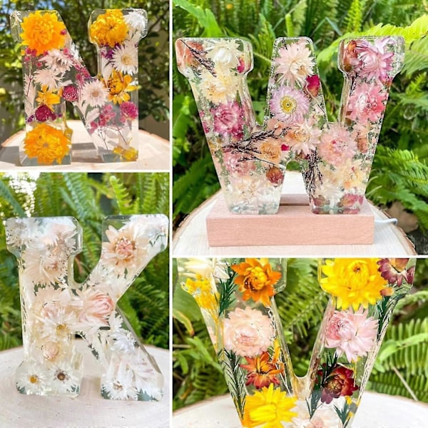 Blomster Resin Natlampe, Pressede Blomster Resin Bogstaver m/ LED Lys Gave til Hende - Yvan X