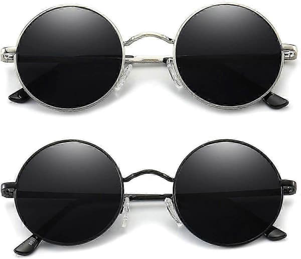 Vintage pyöreät John Lennon -polarisoituneet aurinkolasit miehille ja naisille, pyöreät hippiaurinkolasit MX 2 Pack (Black- Silver)