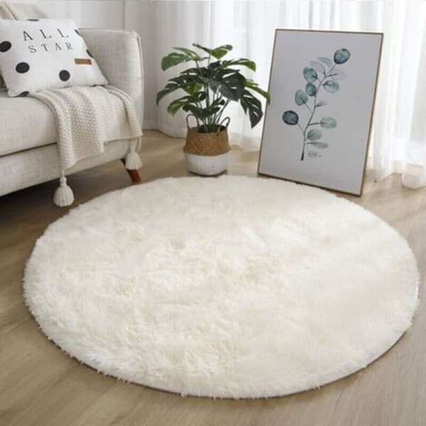 Beige och vit rund lurvig modern vardagsrumsmatta, pälsmatta, mjuk långluggmatta, 100 cm