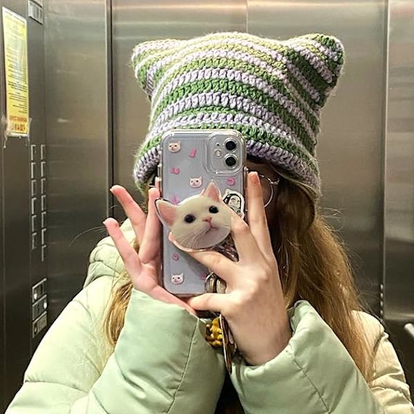 Damernas Kattmössa i Stickad Kroka med Öron Stickad Vintervarm Elastisk Hatt Slouchy för Flickor Vuxna Barn Purple
