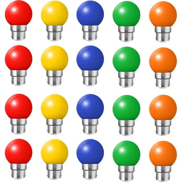 Förpackning med 20 B22 2W LED-lampor i rött, gult, orange, grönt och blått.