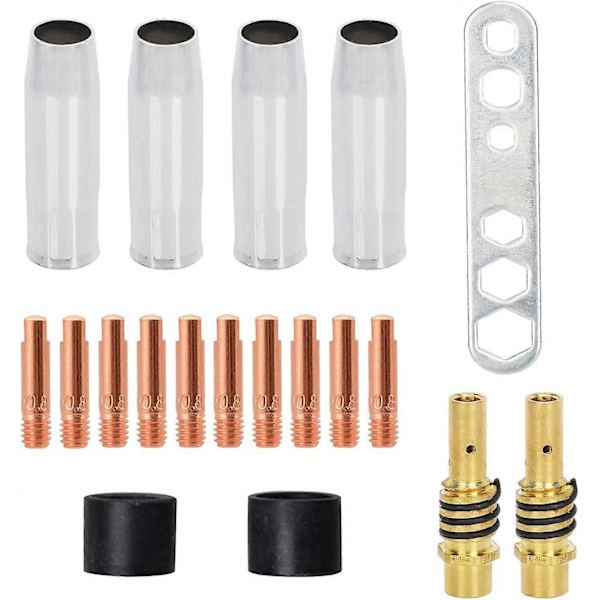2 x AK-15 / MB-15 MIG MAG Svejsning Keglehætte/Dyse Tilbehør Sliddele, 10 x M6 0.88mm Svejsetips og 2 x Dyseholdere med Faste Fjedre (19 Stk)