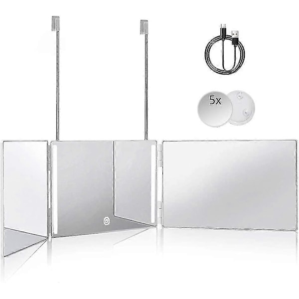 3-suuntainen peili hiusten leikkaamiseen itse 360 peili LED-valoilla, kolminkertainen hiustenleikkuupeili ladattava ja korkeussäädettävä white with led