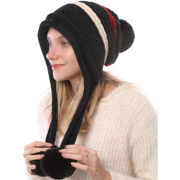Strikket lue med pompom-øreklaffer Vinter for kvinner Black