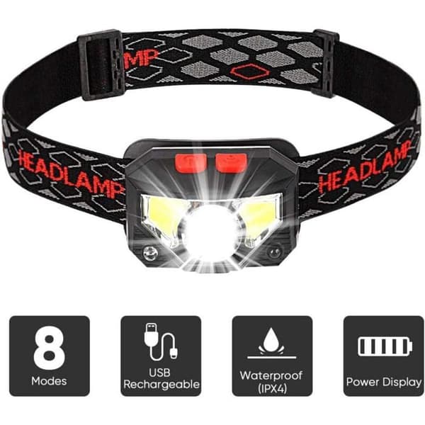LED-hodelykt, USB-oppladbare lykter med bevegelsessensor, 300LM belysning med 8 moduser, IPX4 vanntett, 30 timers driftstid
