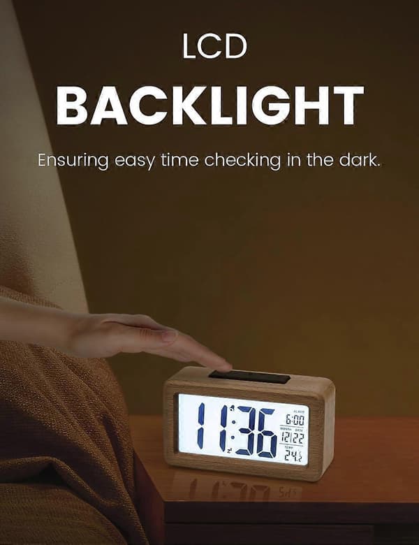 Digital Väckarklocka, Sängklocka i Trä med Stor LCD-bakgrundsbelyst Display, Temperatur, Drivs av 3 AAA-batterier [Batterier Ingår Ej]