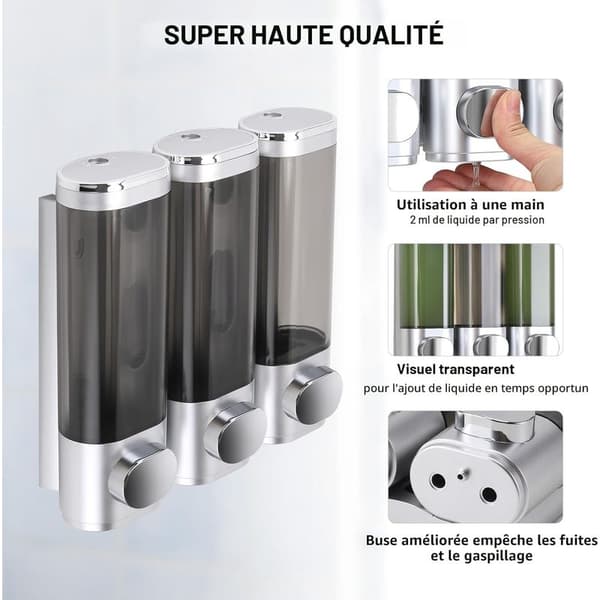 Vægmonteret sæbedispenser, showergeldispenser, sæt med 3 borefri sæbedispensere, jævn væskefordeling, lækagesikker, velegnet til