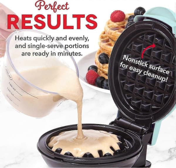Dash Mini Maker til individuelle vafler, hash browns, Keto Chaffles med nemme at rengøre, non-stick overflader, 4 tommer, Aqua