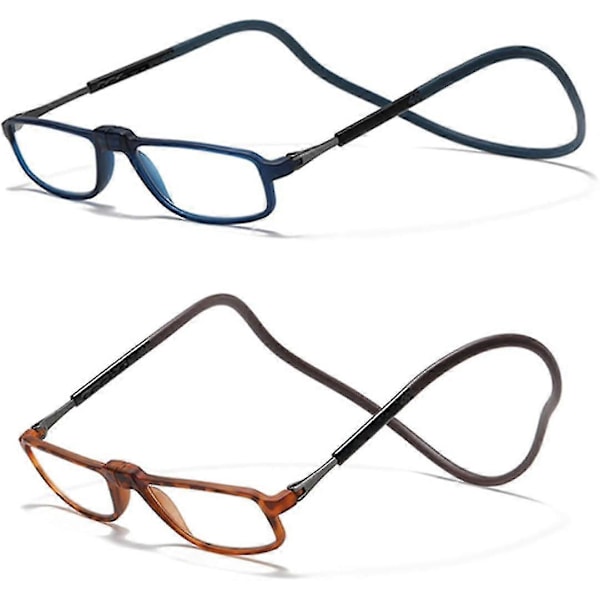 Otcmuky 2-pack hopfällbara magnetiska läsglasögon datorläsare presbyopiska glasögon med justerbara skalmar och flexibelt pannband unisex Xinda Blue-brown 2.0 x