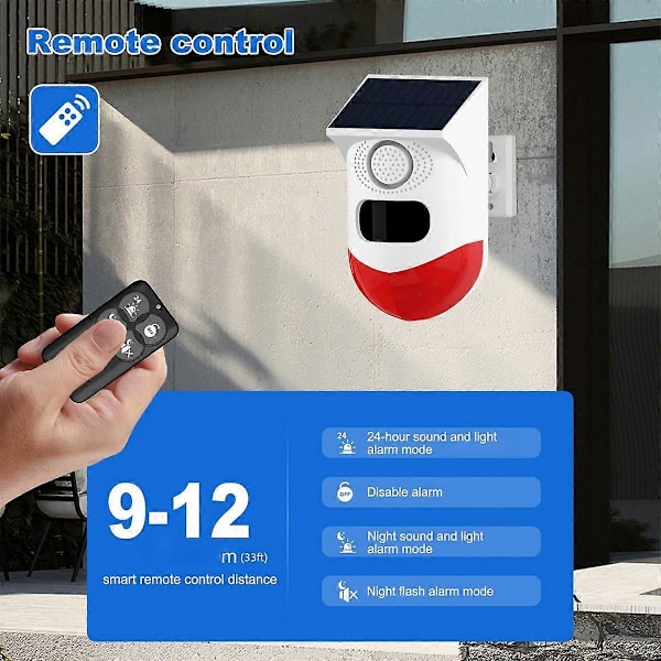 Solcellsdriven Rörelsesensor Alarm 120DB Hög Siren LED Stroboskopljus Ljud Säkerhetslarm Utomhus Vattentät Rörelsedetektor