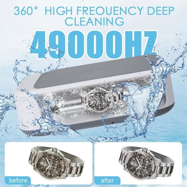 Professionel ultralydsrenser - 640 ml, 49.000 Hz - med 3 timerindstillinger, rustfrit stål, til smykker og briller