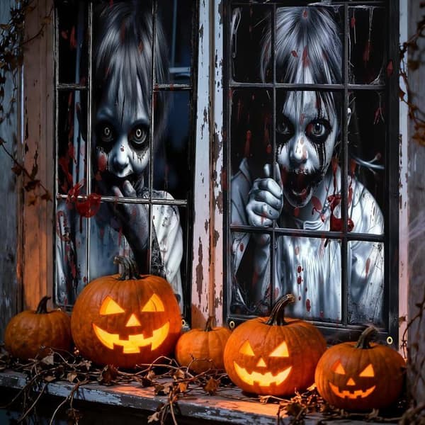 2 stk. skumle vindusbilder til Halloween - Skummelt forheng - 120 x 80 cm - Dekor - Til Halloween-fest