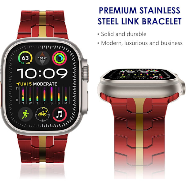 Apple Watch Ultra Remm 49mm 45mm 44mm 42mm Serie for Menn, Metall Urremmer for iWatch Menn Rustfritt Stål Rem Armbånd Red/Gold 42/44/45/49mm