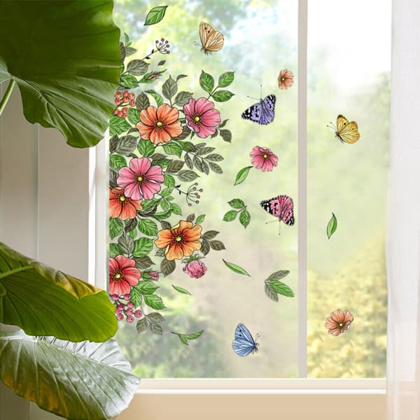 Trädgårdsblomfönsterdekal, Fjärilsväxtfönsterdekaler, Glasdekaler, Antikollisionsdekaler