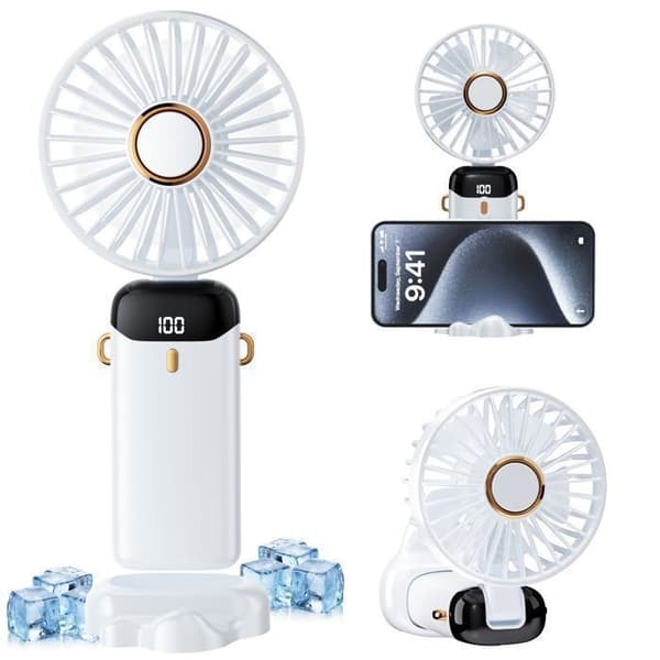 5-i-1 Bærbar Ventilator - Hvid - 2500 mAh - 5 Hastigheder - Foldbar - Støjsvag