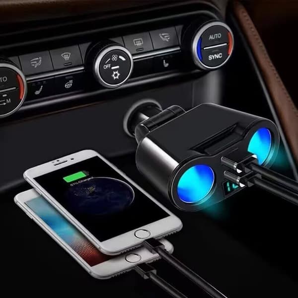 Cigarettænder splitter adapter, dobbelt USB biloplader, 2 x 12V/24V stik med LED voltmeter switch til mobiltelefon, tablet, GPS, dashcam