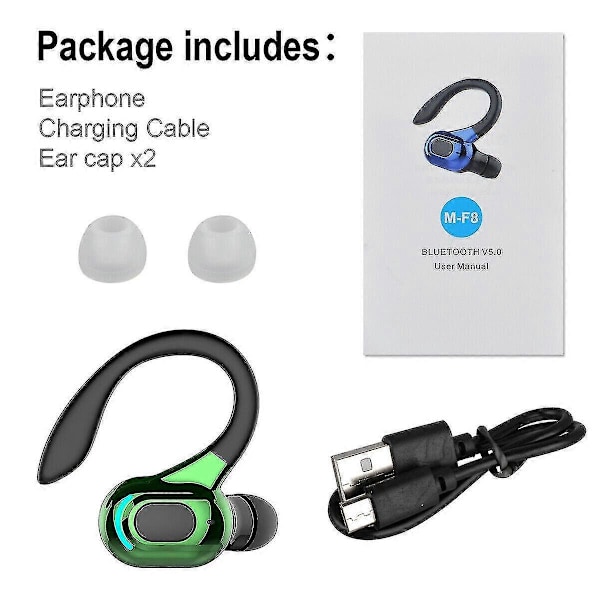 Langattomat nappikuulokkeet juoksuun, Bluetooth 5.1 -kuulokkeet langattomat nappikuulokkeet stereokuulokkeet korvakoukulla, uusi yhden korvan malli Green