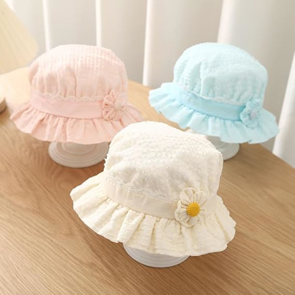 Solhatt för babyflickor, blomspetsbroderi sommar UPF50+ bredbrättad bucket-hatt semester strandhatt med elastiskt hakband