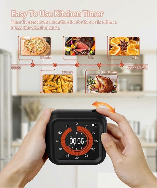 Digital Visuel Timer - Maks. 11 timer 59 min. Genopladelig Nedtællingstimer med VA-display, Tydelige Tal, Justerbar Lydstyrke og Lysstyrke, Magnetisk Digital Timer