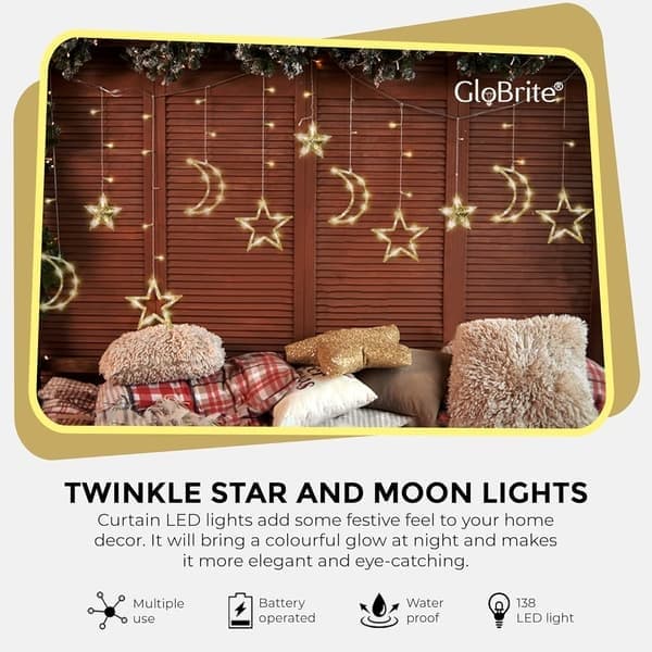 Gardiner med batteridrevne stjerner og måner - Julevinduslys | Fairy Lights med 8 lysmoduser og minnefunksjon