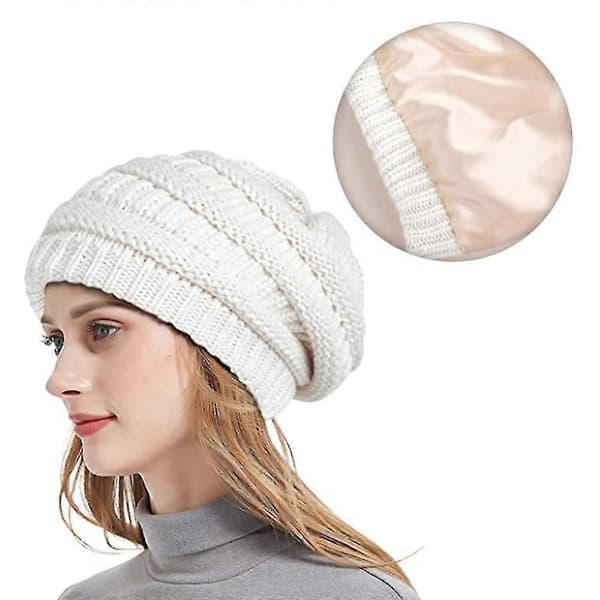 Dame Vinter Varm Lue Twill Strikk Mote Ribbet Tykk Lue, hww White