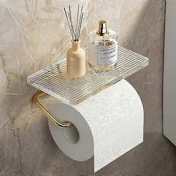 Luksus Guld Toiletpapirholder med Hylde Ingen Stansning Akryl Rulle Papirholder Vævsholder Badeværelsestilbehør Badeværelse Gold