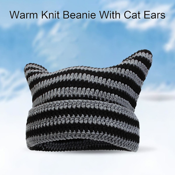 Höst Vinter Utomhus Varma Stickade Mössor Söt Randig Katt Öra Hatt Huvudbonad Ullgarn Stickad Beanies Black