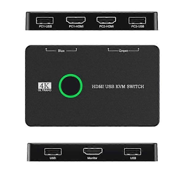 KVM Switch 2 Port Box USB og HDMI-kompatibel switch til 2 computere, der deler tastatur, mus, printer a