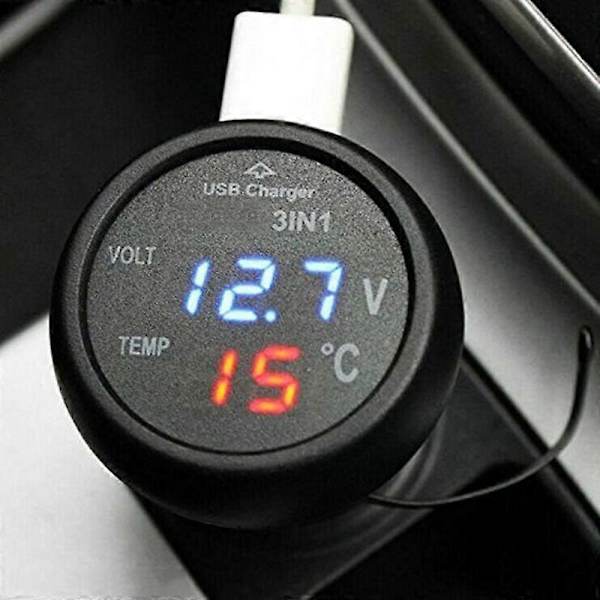 Bil Digital Voltmeter Termometer USB Oplader Bil Cigarettænder Stik Digital Voltmeter Termometer 3 I 1 Måler