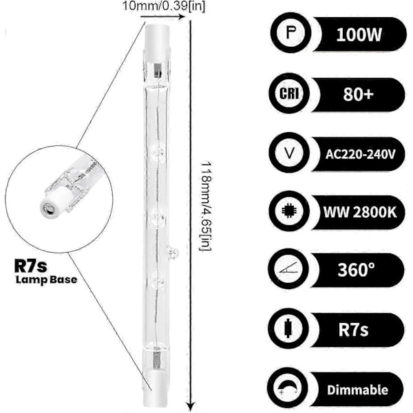 100W 118mm R7s Dæmpbar Halogen Pære Blyant Varm Hvid 2800K r7s Lineær 1500lm Spotlight AC220-240V (5 stk)