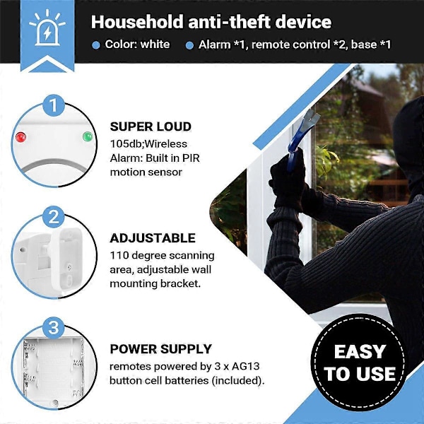 Infraröd Rörelsesensor Alarm - Inbrottslarm med 2 Fjärrkontroller, Lämplig för Hem/Garage/Butik