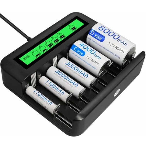 8-spors rask LED universell batterilader, batterilader for AA/AAA/C/D Ni-MH Ni-CD oppladbare batterier med USB-port