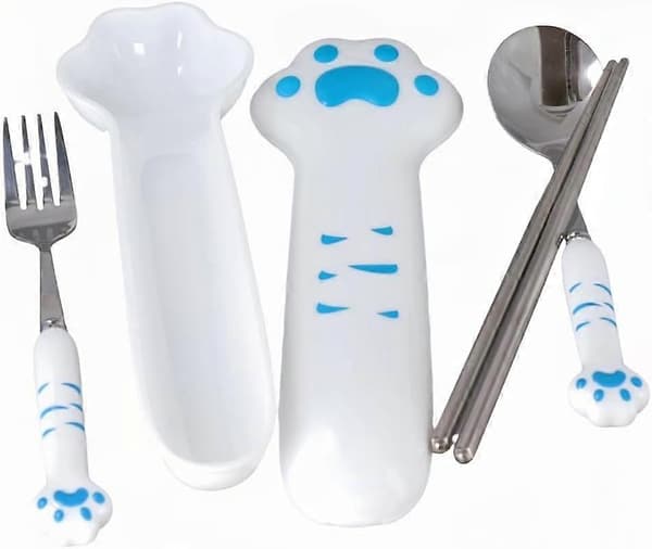 3-delat tecknat sött kattklo sked gaffel pinnar set utomhus camping bärbart servis set (2 delar) Blue