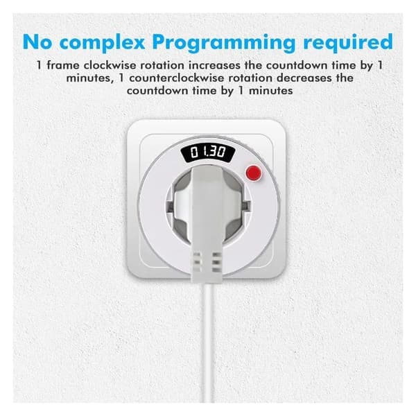 Timerplugg, AC230V 16A 3680W, LED-skjerm, 24-timers timer med 1-minutts intervall