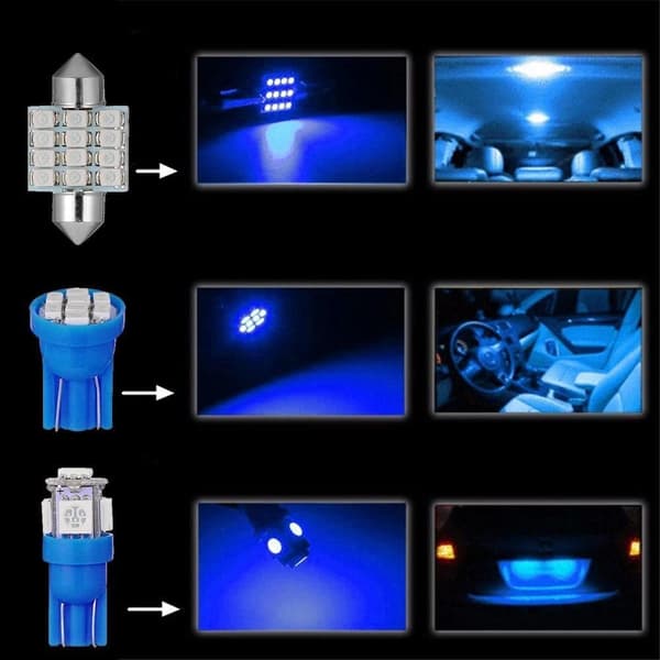 13-delt sæt med blå LED-interiørlys, kuppellys og nummerpladelys til biler, 12V kit tilbehør