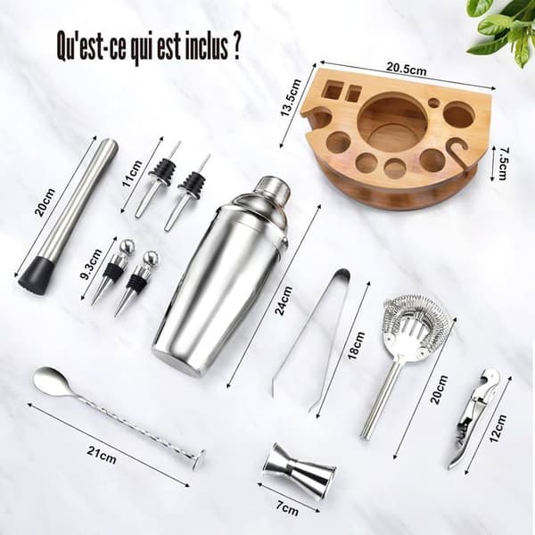Bartender Cocktail Sæt - 12 Dele - Rustfrit Stål - 750 ml Shaker med Bambusstativ - Til Hjemmet
