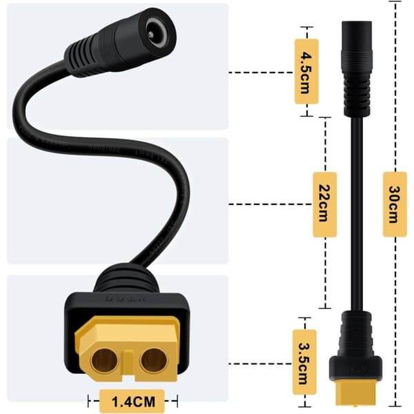 XT60 til DC 5.5x25mm kontakt DC til XT60 adapterkabel for TS100, solcellelading 30cm (DC hunn til XT60 hunn)