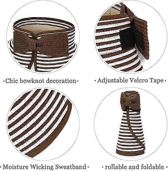 Store Strand Solhatte til Kvinder Foldbar Bredskyggede Hat til Damer Visir Kasket Spand med Sløjfe Brown Stripe