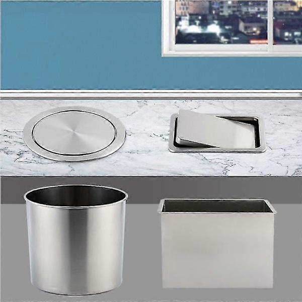 Rustfritt Stål Flapp Flush Innfelt Innebygd Balanse Sving Flapp Lokk Deksel Søppelbøtte Søppelkasse Kjøkken Benkeplate Søppelkasser & Avfallsbeholdere Square-Silver 23CM