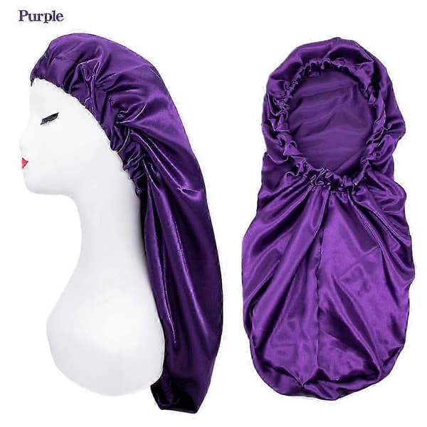 Lang Silke Søvnhette for Krøllete Hår Kvinner Satin Hårhette Skjønnhet Frisørhatt Purple