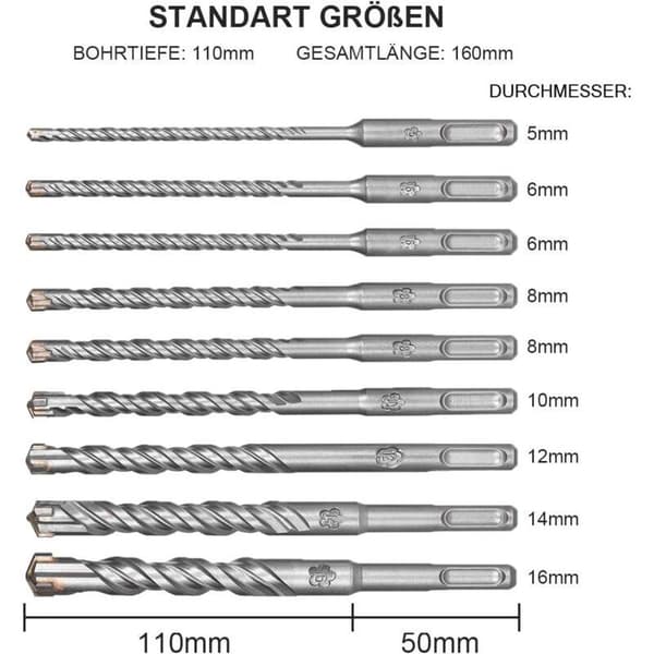 9 STK SDS Plus Betonbor, 5mm-16mm x 160mm Borsæt til Beton, Sten og Mursten