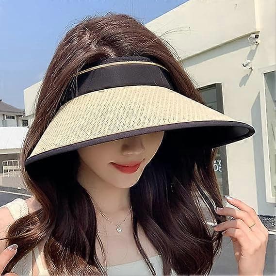 Bredbrättad stråhatt, solhatt damer rullbar solvisirhatt UV-skydd strand solstråhatt hopfällbar sommar topless solhattar Beige